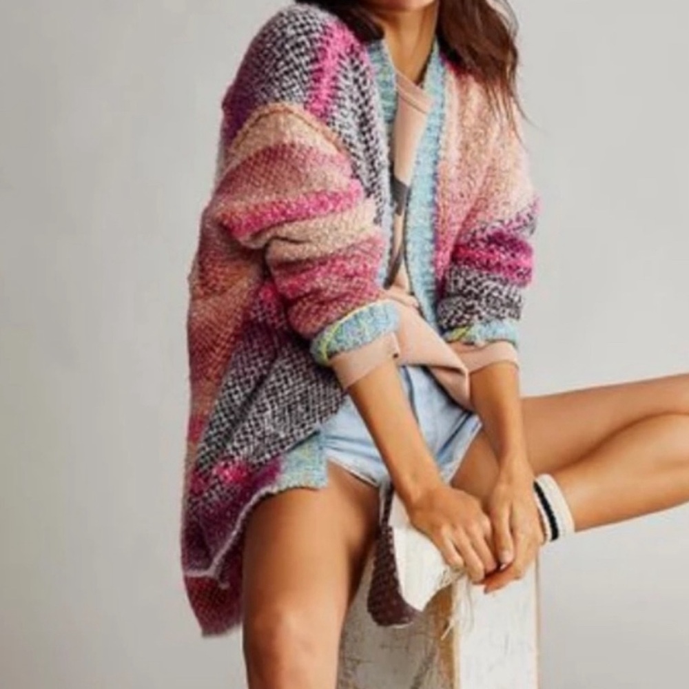 Free People Multicolor Knit Cardigan - Pink, Blue, Peach, Gray